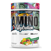 MuscleSport Amino + Hydration 360g EAA and electrolyte powder tub, Fuhgettaboutit Fruit Punch flavour