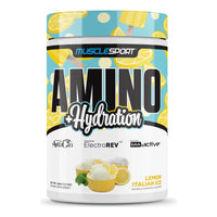 MuscleSport Amino + Hydration 360g EAA and electrolyte powder tub, Italian Lemon Ice flavour