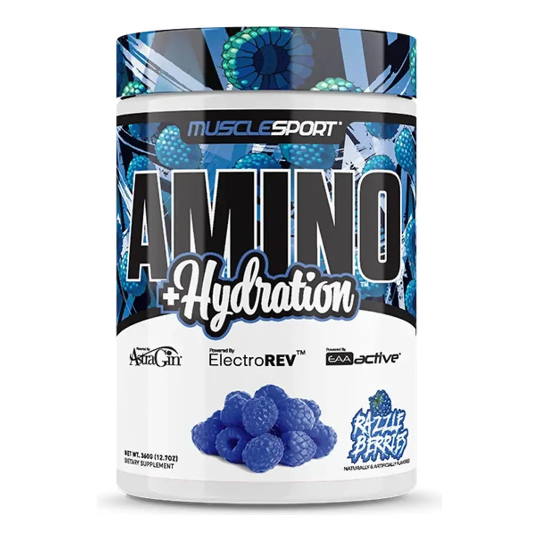 MuscleSport Amino + Hydration 360g EAA and electrolyte powder tub, Razzleberries flavour