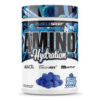 MuscleSport Amino + Hydration 360g EAA and electrolyte powder tub, Razzleberries flavour