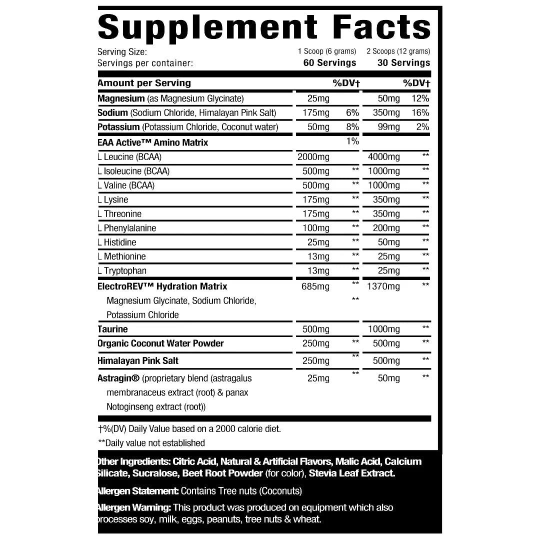 MuscleSport Amino + Hydration supplement facts panel listing nine essential amino acids, magnesium, sodium and potassium per serving