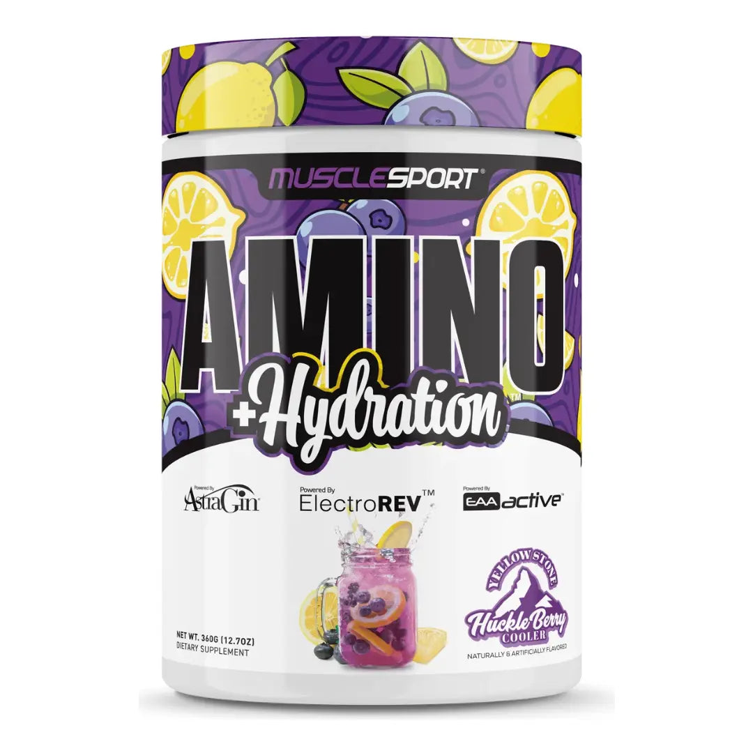 MuscleSport Amino + Hydration 360g EAA and electrolyte powder tub, Yellowstone Huckleberry Cooler flavour