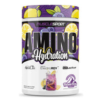MuscleSport Amino + Hydration 360g EAA and electrolyte powder tub, Yellowstone Huckleberry Cooler flavour