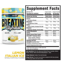 MuscleSport Creatine and Hydration 300g Lemon Italian Ice tub and Supplement Facts