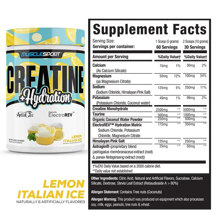 MuscleSport Creatine and Hydration 300g Lemon Italian Ice tub and Supplement Facts