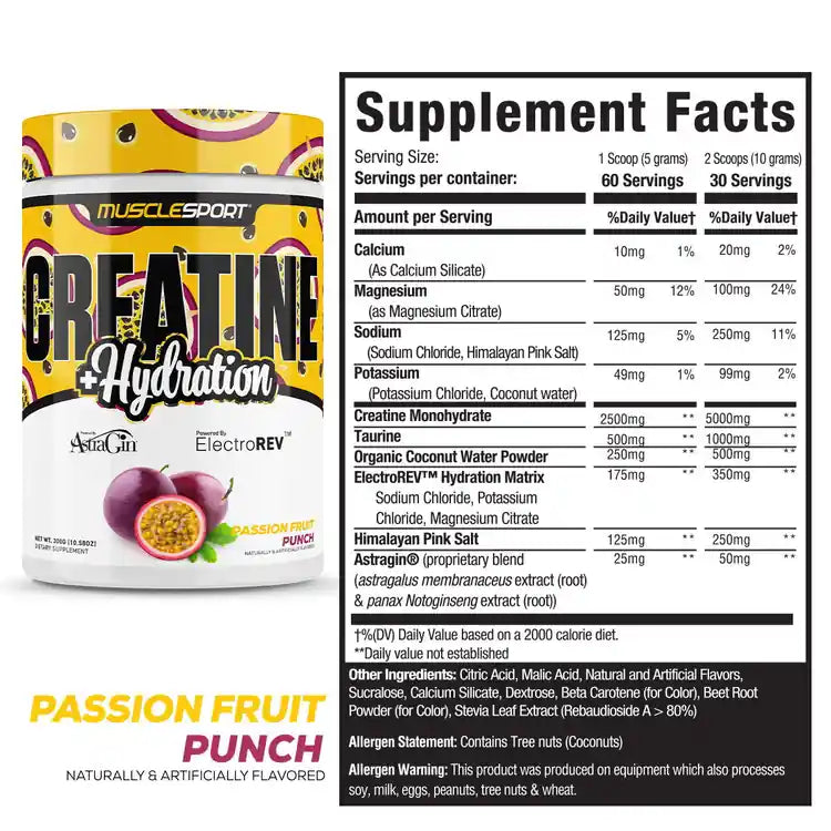 MuscleSport Creatine and Hydration 300g Passion Fruit Punch tub and Supplement Facts