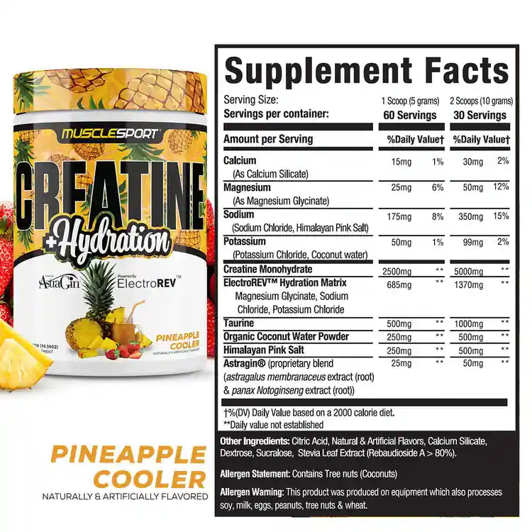 MuscleSport Creatine and Hydration 300g Pineapple Cooler tub and Supplement Facts