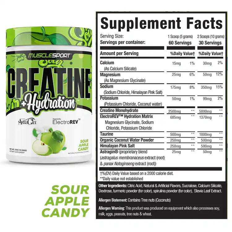 MuscleSport Creatine and Hydration 300g Sour Apple Candy tub and Supplement Facts