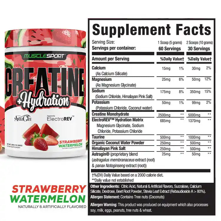 MuscleSport Creatine and Hydration 300g Strawberry Watermelon tub and Supplement Facts