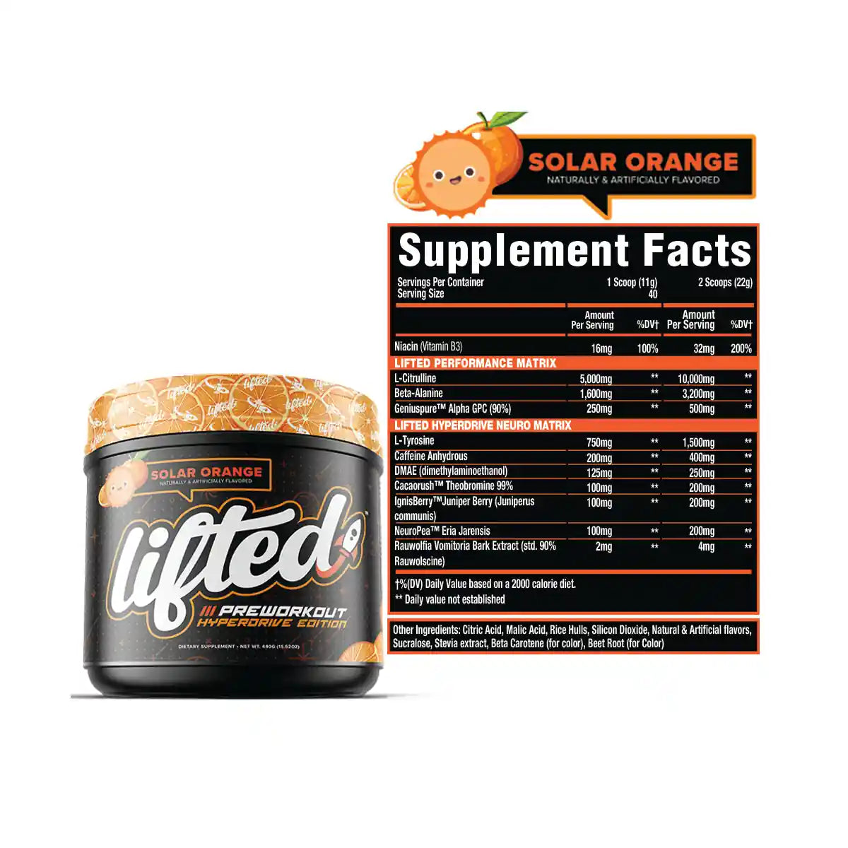 Lifted Hyperdrive Solar Orange supplement facts and ingredients