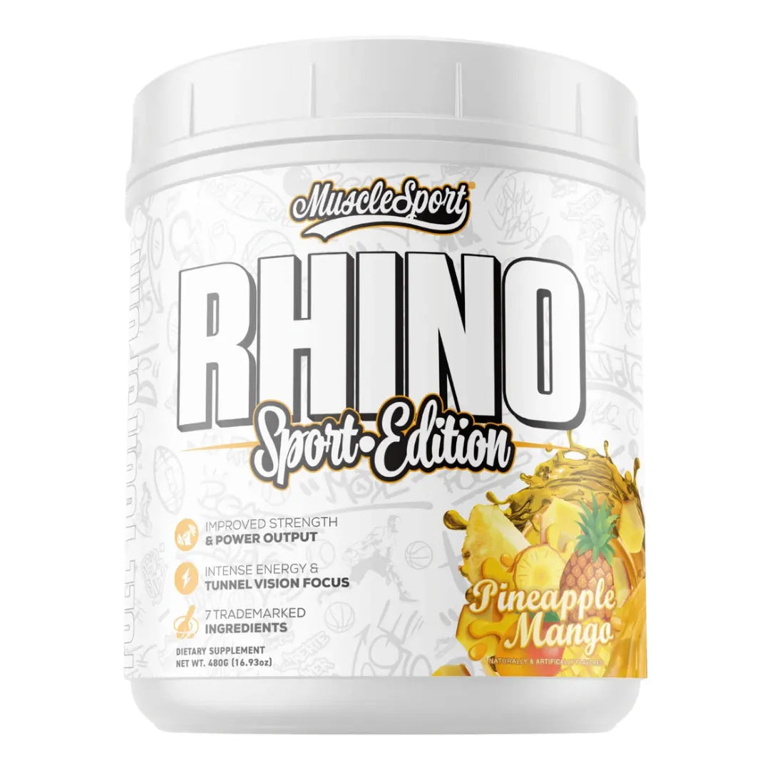 MuscleSport Rhino Sport pre-workout, Pineapple Mango, tub front on white background