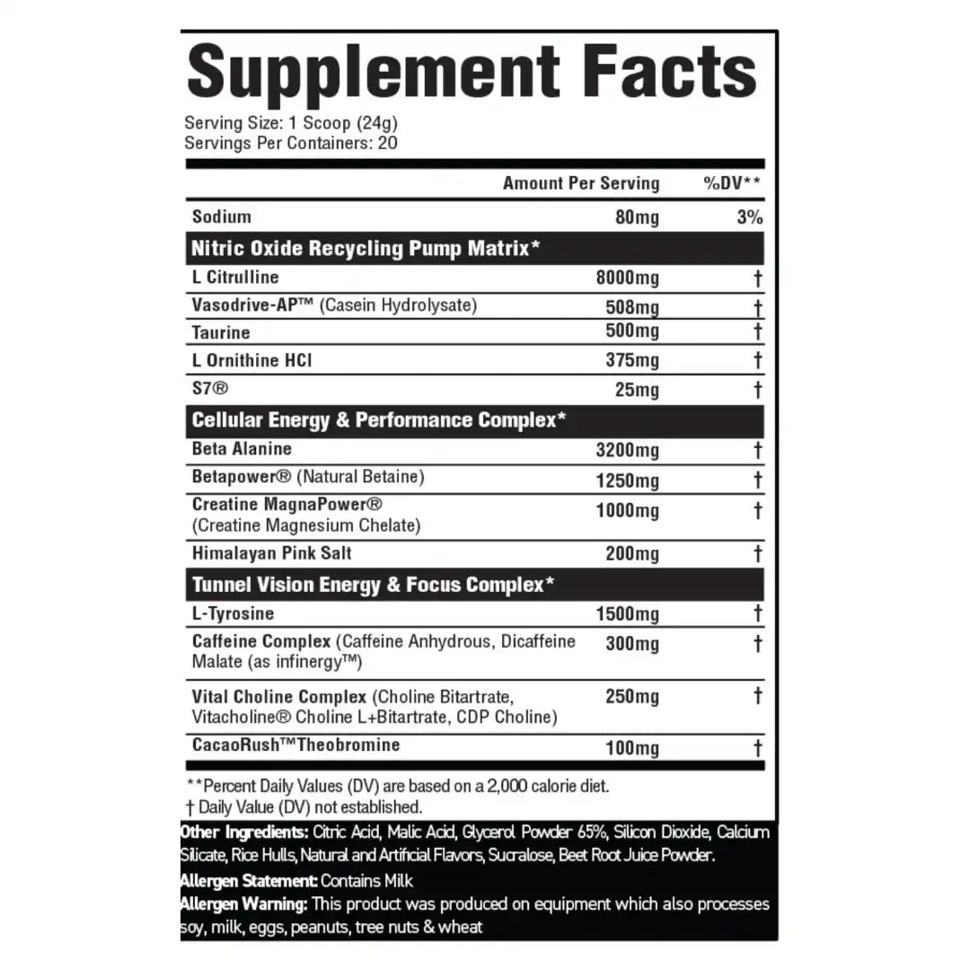 MuscleSport Rhino Sport pre-workout supplement facts panel, 24g serving, 20 servings, listing all ingredients and quantities including 300mg caffeine, plus allergen information