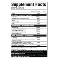 MuscleSport Rhino Sport pre-workout supplement facts panel, 24g serving, 20 servings, listing all ingredients and quantities including 300mg caffeine, plus allergen information