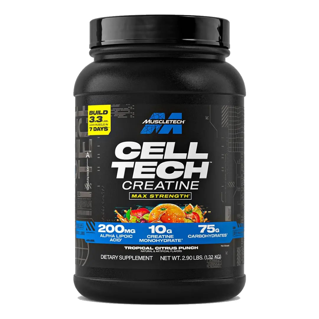 MuscleTech Cell-Tech Creatine Tropical Citrus Punch 1.32kg tub front on white background