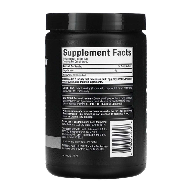 MuscleTech Platinum Glutamine back of tub showing the supplement facts panel