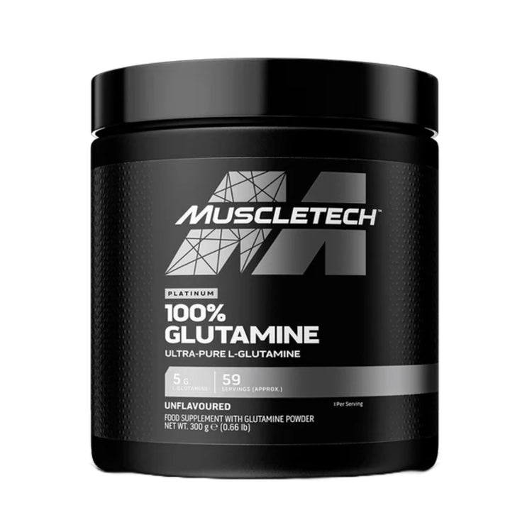 MuscleTech Platinum 100% Glutamine 300g tub, front of pack