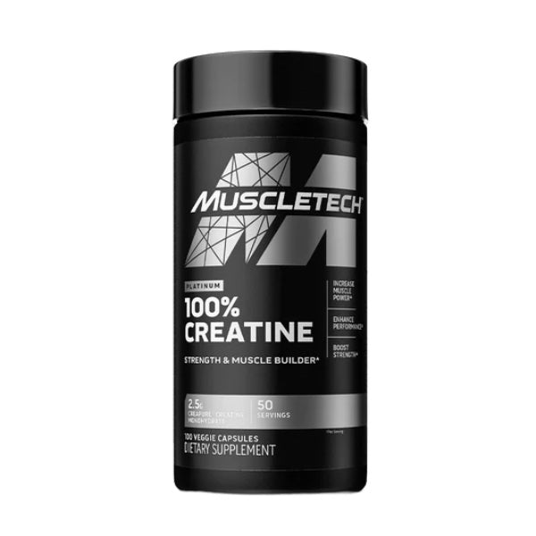 MuscleTech Platinum 100% Creatine Creapure, 100 veggie capsules bottle, front of pack