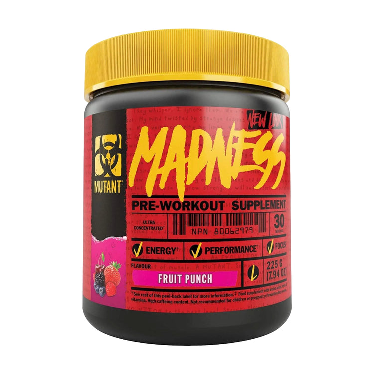 Mutant Madness pre-workout 225g tub, front of pack