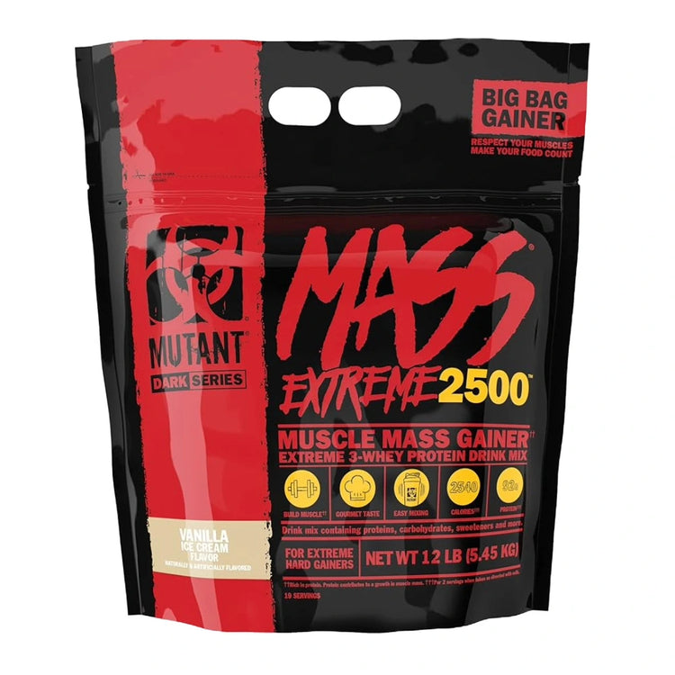 Mutant Mass Xtreme weight gainer, large red and black bag, front of pack