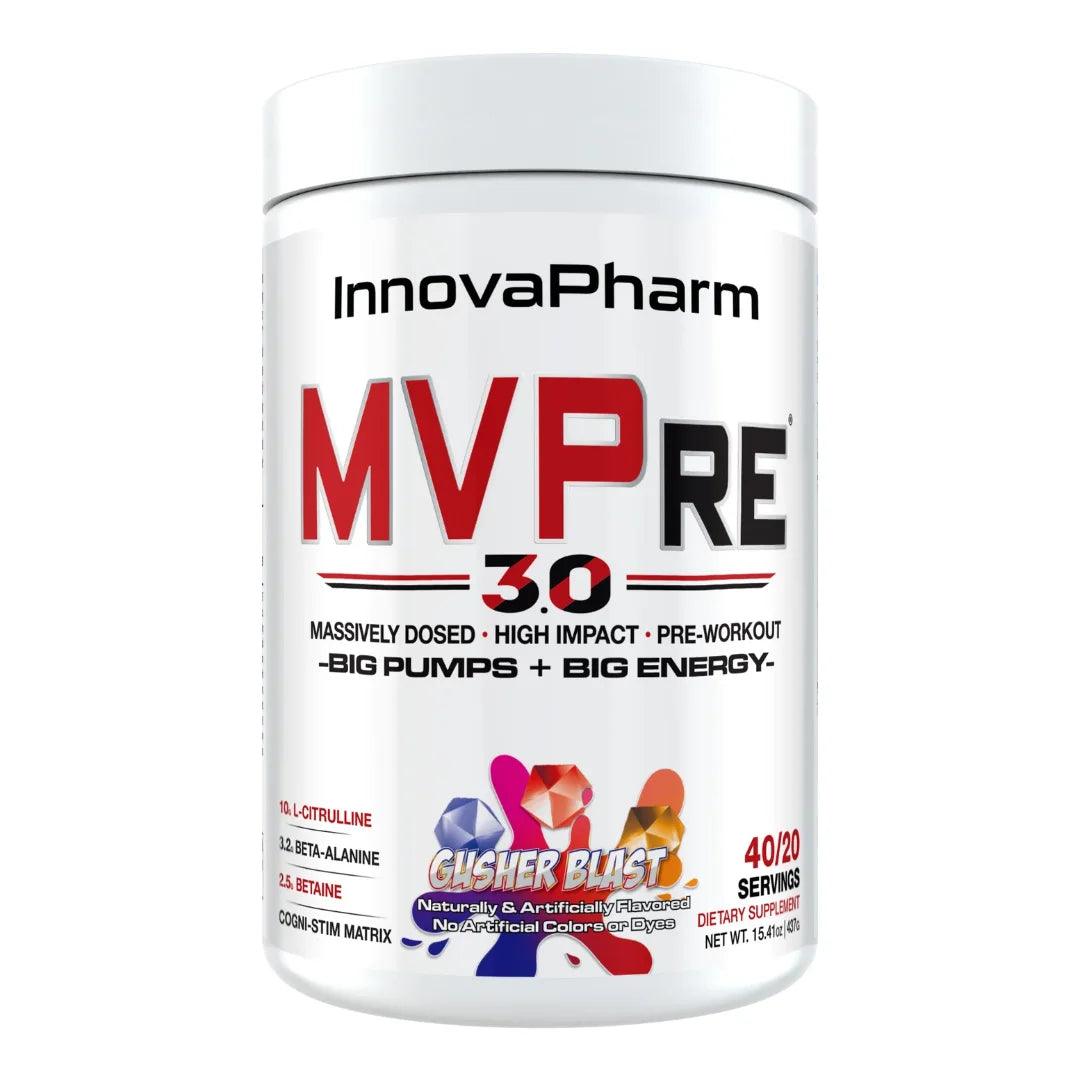 InnovaPharm MVPRE 3.0 pre-workout, Gusher Blast, tub front on white background