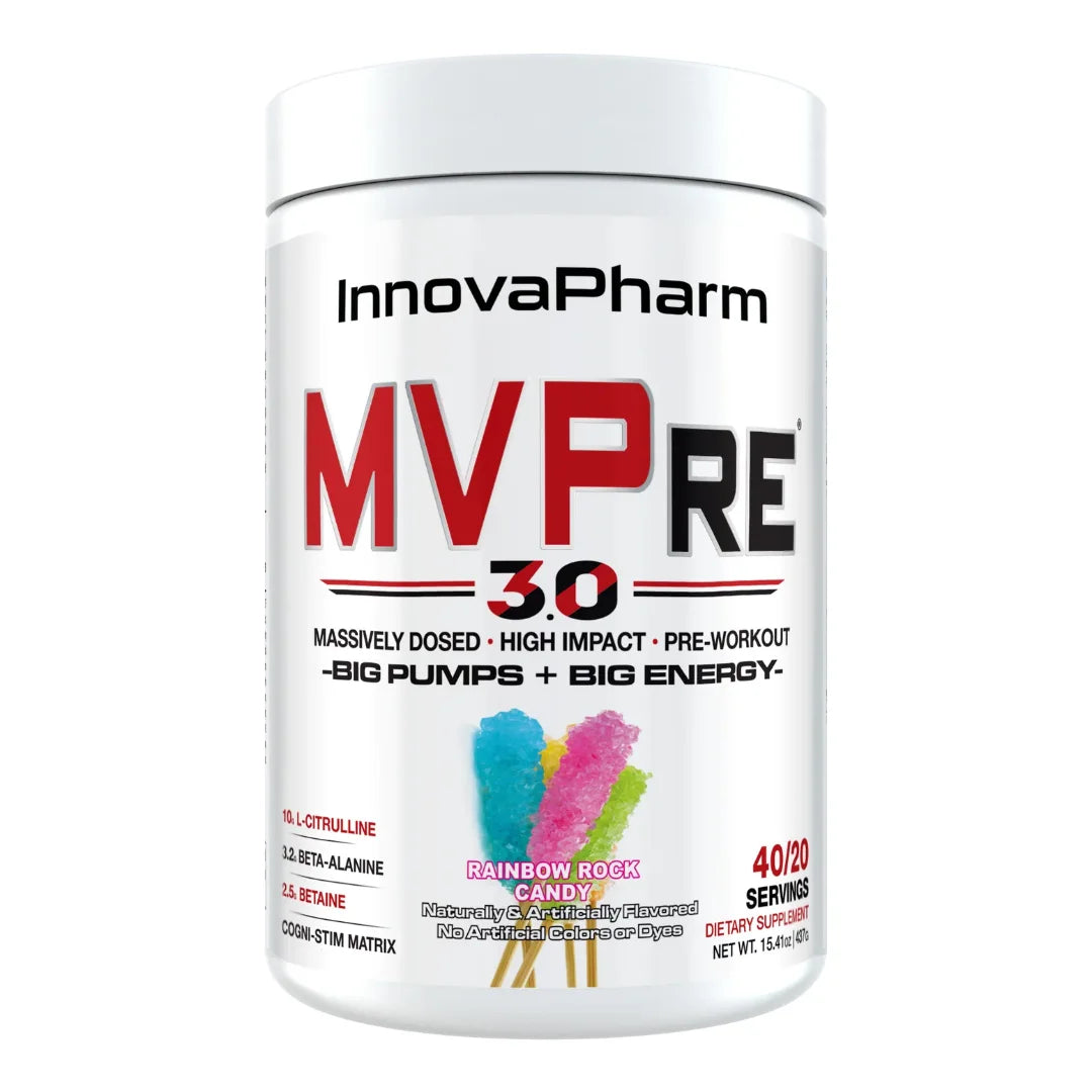 InnovaPharm MVPRE 3.0 pre-workout, Rainbow Rock Candy, tub front on white background