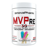 InnovaPharm MVPRE 3.0 pre-workout, Rainbow Rock Candy, tub front on white background