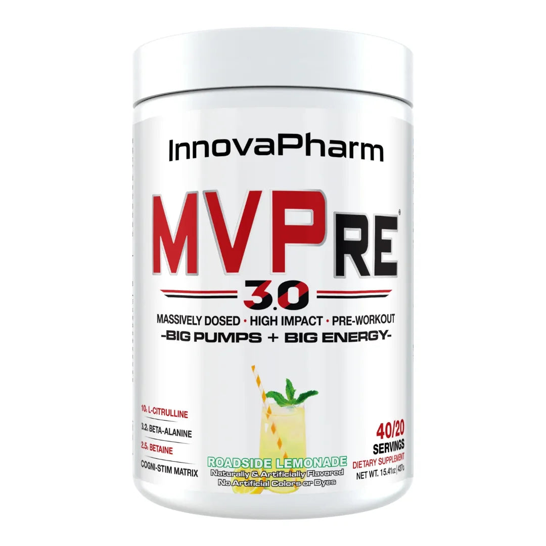 InnovaPharm MVPRE 3.0 pre-workout, Roadside Lemonade, tub front on white background