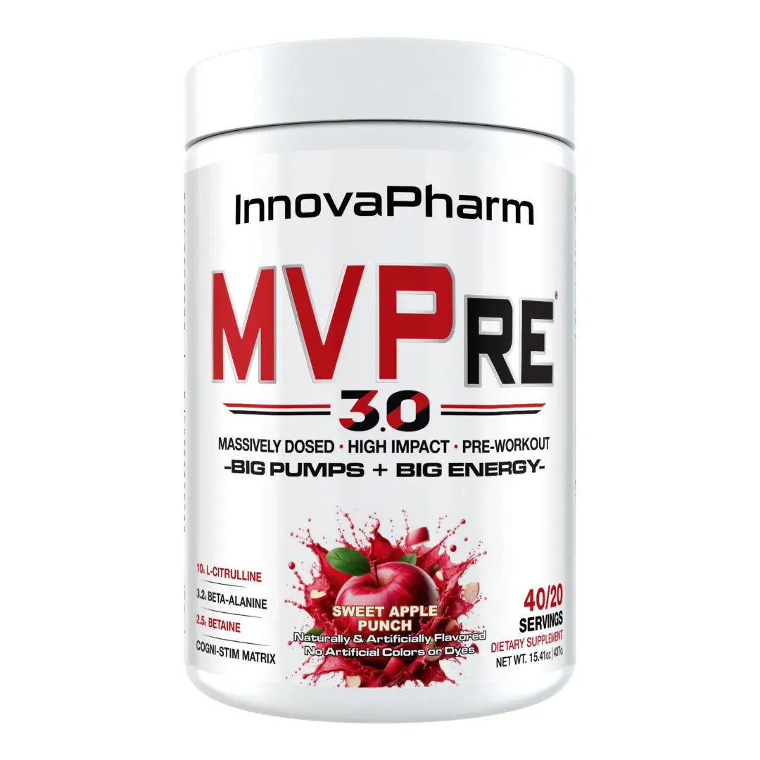 InnovaPharm MVPRE 3.0 pre-workout, Sweet Apple Punch, tub front on white background