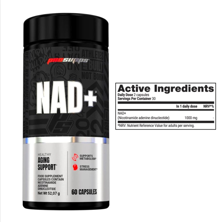 ProSupps NAD+ bottle shown beside its active ingredients panel