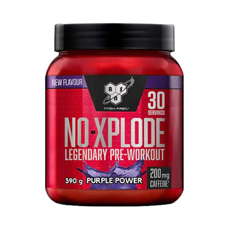 BSN N.O.-Xplode 390g pre-workout tub, Purple Power flavour, 30 servings, front of pack