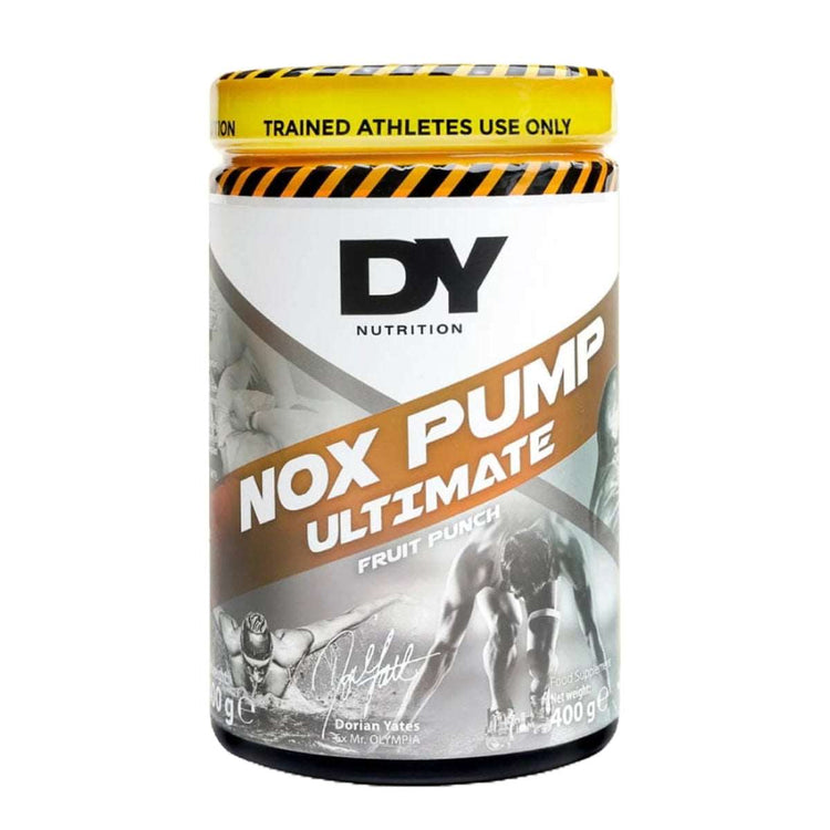 DY Nutrition Nox Pump Ultimate 400g tub, white and yellow label, front of pack