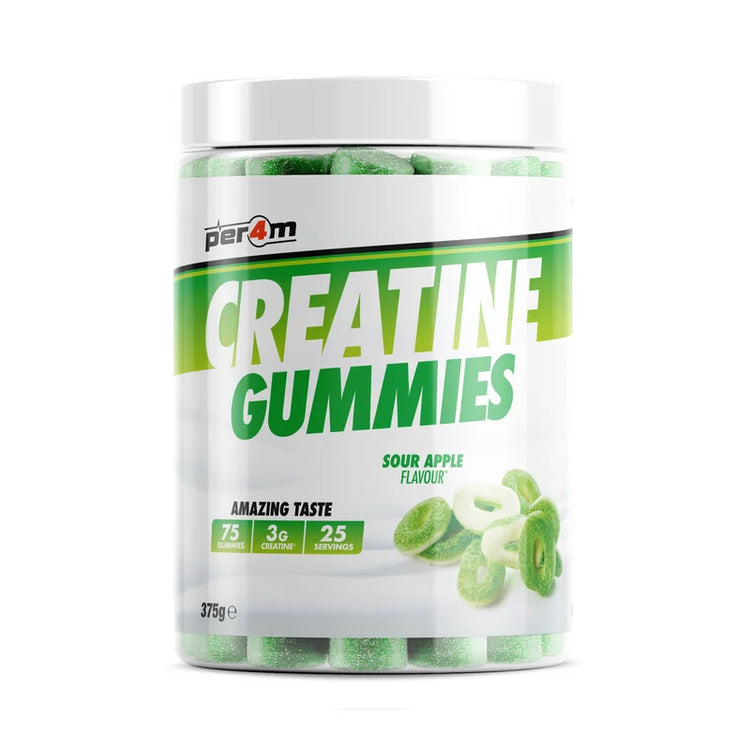PER4M Creatine Gummies 375g Sour Apple – 75 gummies tub on white background