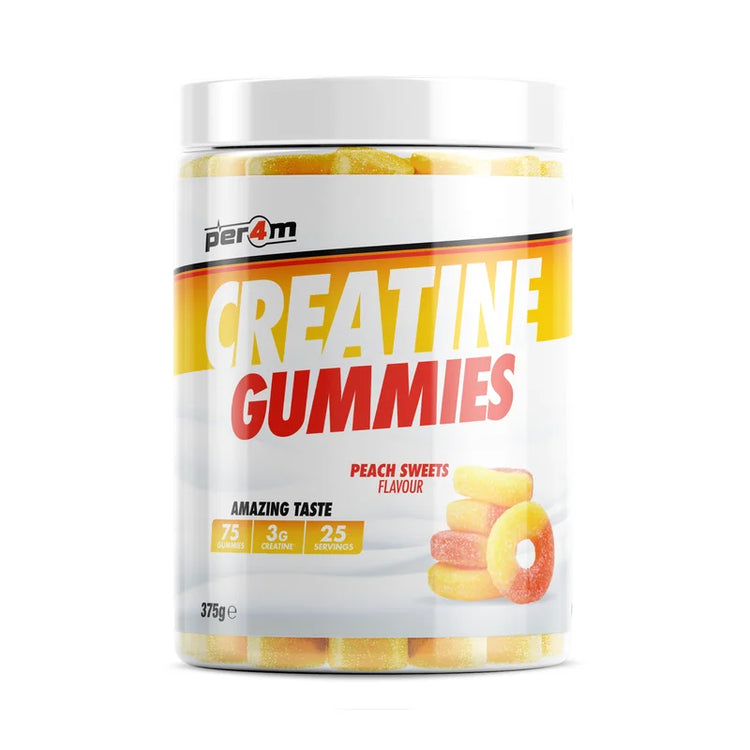PER4M Creatine Gummies 375g Peach Sweets – 75 gummies tub on white background