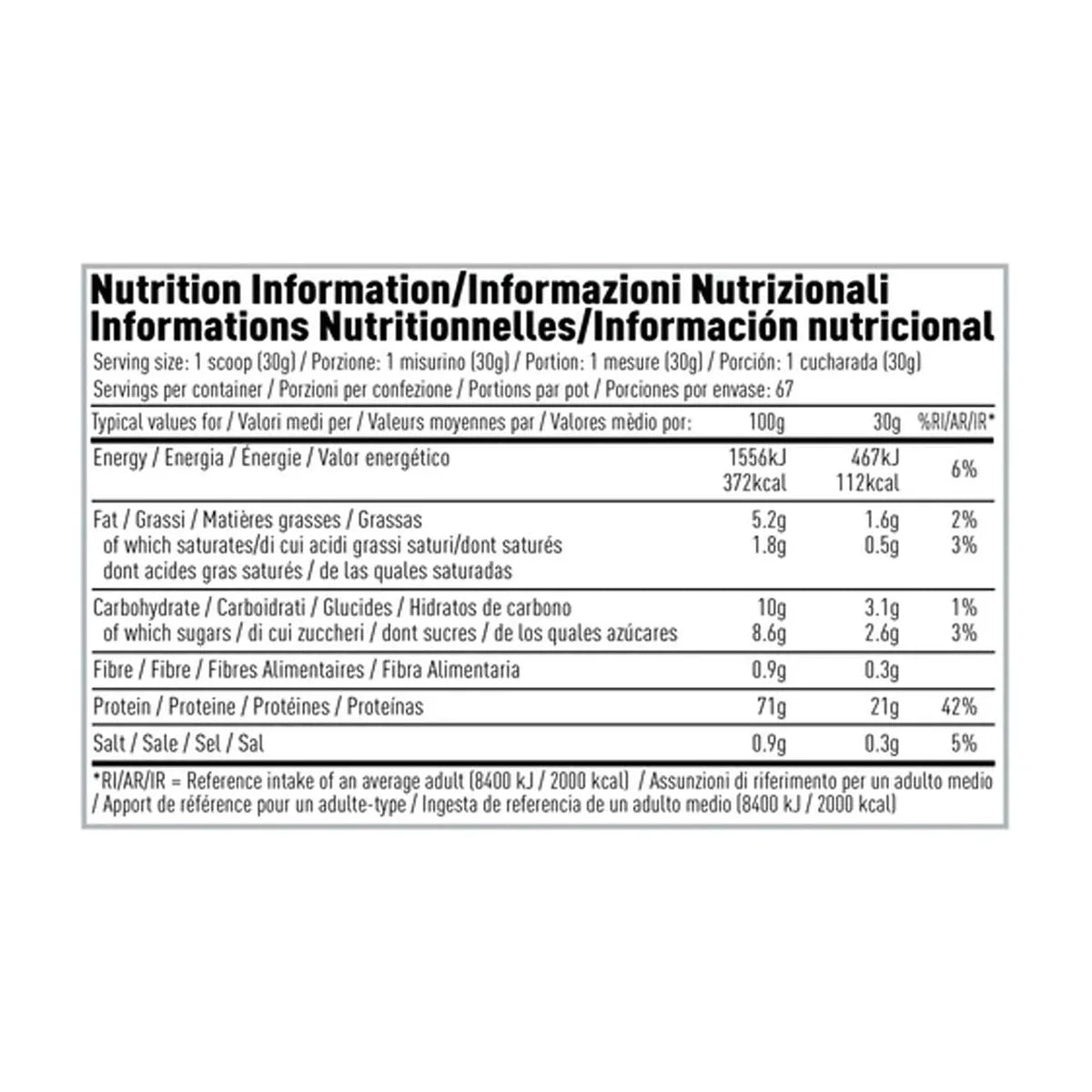 PER4M Whey Advanced Protein nutrition information per 100g and 30g serving