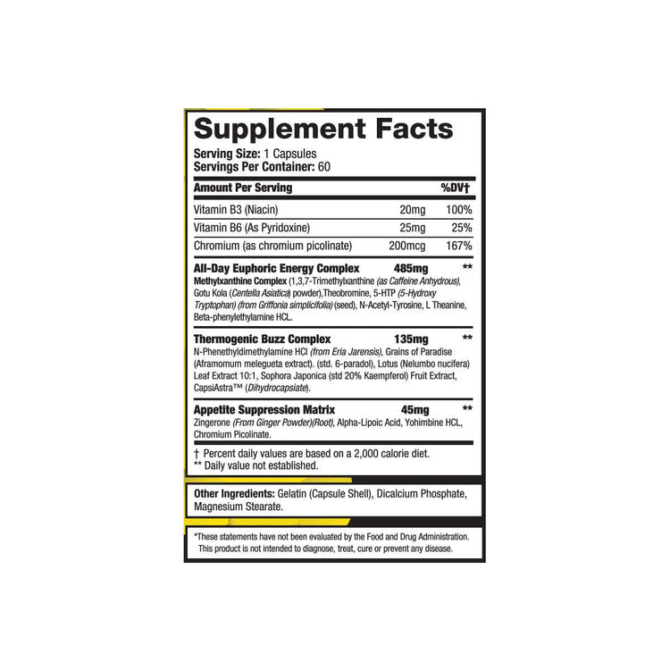 Hyper Genetic Killer Bees supplement facts panel listing ingredients per capsule