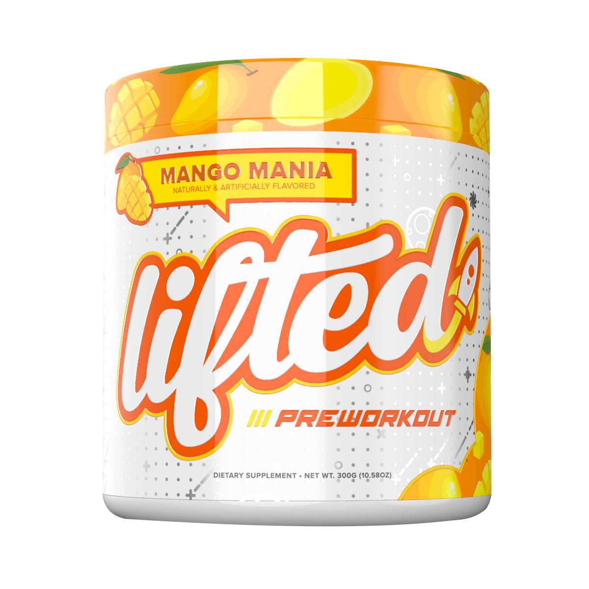LiftedNutra Lifted pre-workout tub, Mango Mania flavour, front of pack