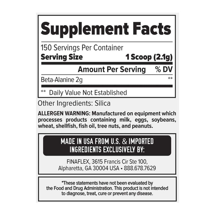 Finaflex Pure Beta Alanine supplement facts panel: 150 servings, one 2.5g scoop providing 2g beta-alanine