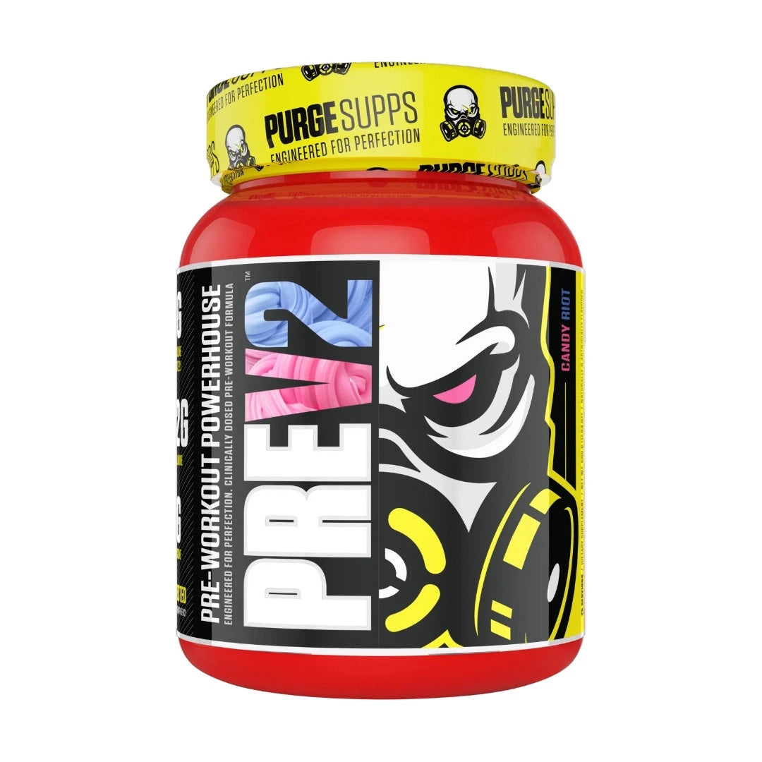 Purge Supps PreV2 pre-workout tub, red and yellow label, front of pack