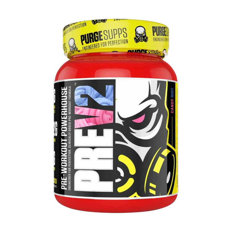 Purge Supps PreV2 pre-workout tub, red and yellow label, front of pack