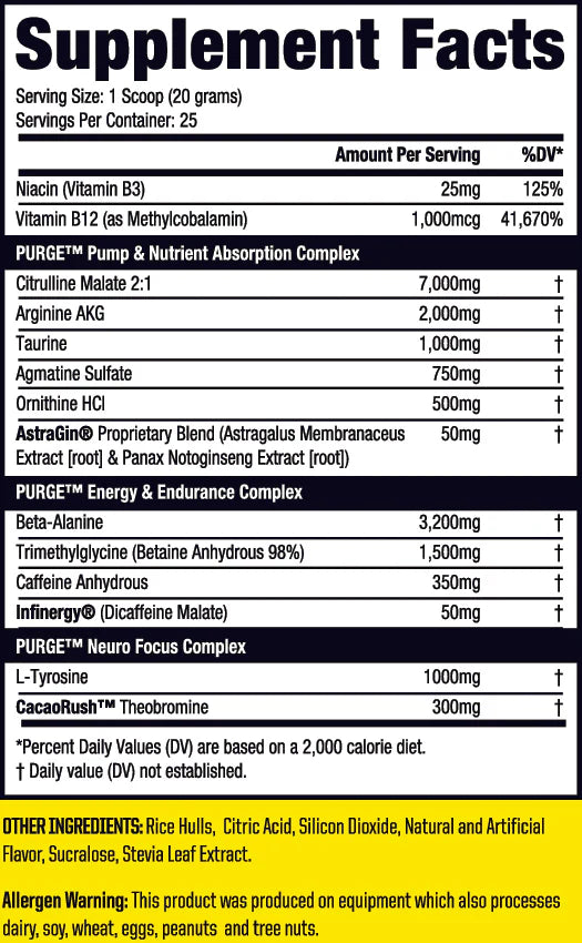 Purge Supps PreV2 supplement facts panel listing ingredients and amounts per scoop