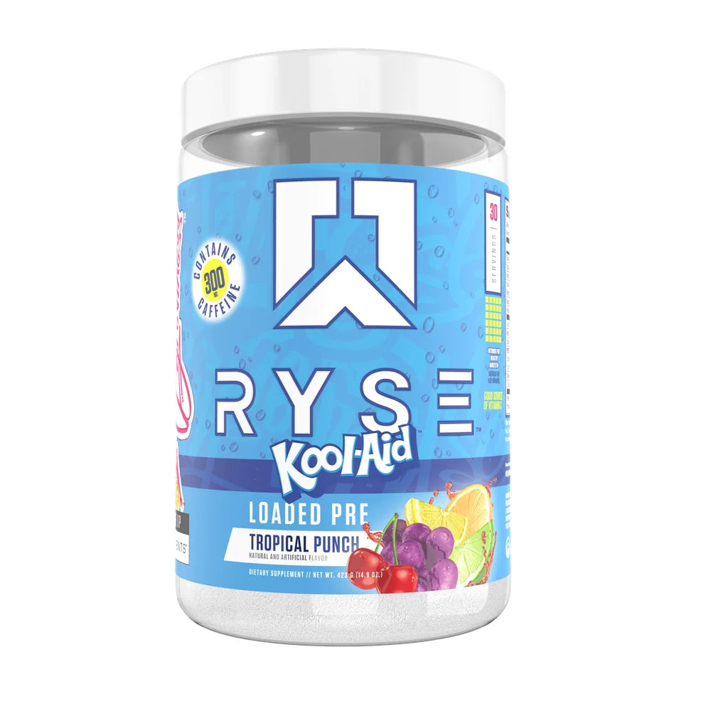 RYSE Loaded Pre Kool-Aid Tropical Punch pre-workout tub, 30 servings