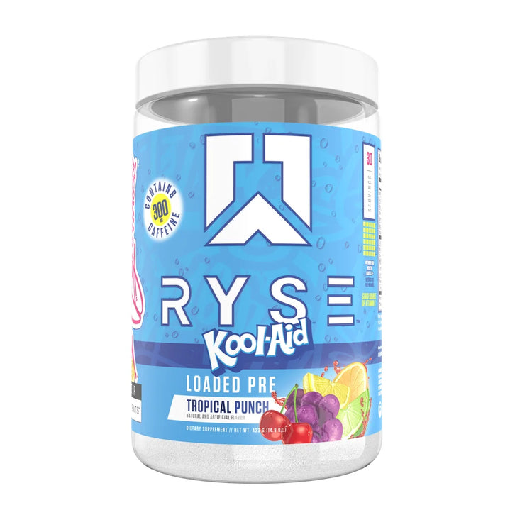 RYSE Loaded Pre Kool-Aid Tropical Punch pre-workout tub, 30 servings