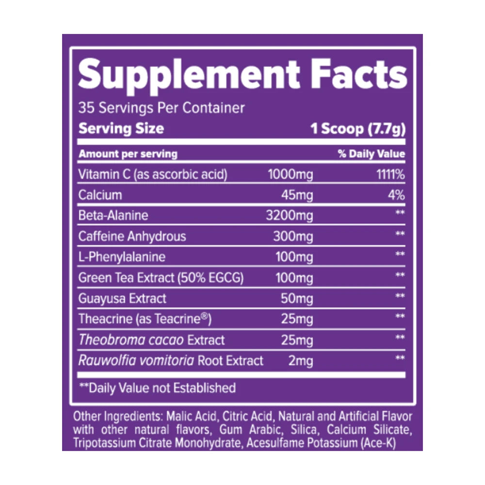 Finaflex STIMUL8 Original supplement facts panel: 35 servings, 1 scoop 7.7g, vitamin C 1000mg, beta-alanine 3200mg, caffeine anhydrous 300mg, L-phenylalanine 100mg, green tea extract 100mg, guayusa 50mg, theacrine 25mg, theobroma cacao 25mg, rauwolfia vomitoria root extract 2mg