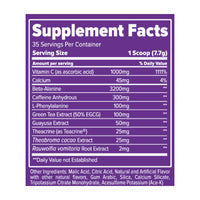 Finaflex STIMUL8 Original supplement facts panel: 35 servings, 1 scoop 7.7g, vitamin C 1000mg, beta-alanine 3200mg, caffeine anhydrous 300mg, L-phenylalanine 100mg, green tea extract 100mg, guayusa 50mg, theacrine 25mg, theobroma cacao 25mg, rauwolfia vomitoria root extract 2mg
