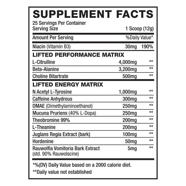 LiftedNutra Lifted pre-workout supplement facts panel, 25 servings, one 12g scoop