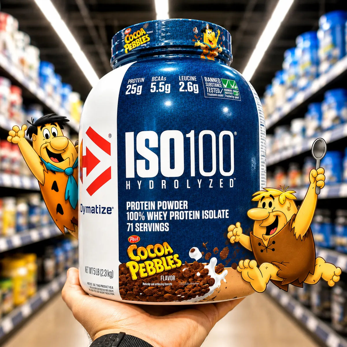 Dymatize ISO100 Cocoa Pebbles protein tub inside Sovital’s supplement shop