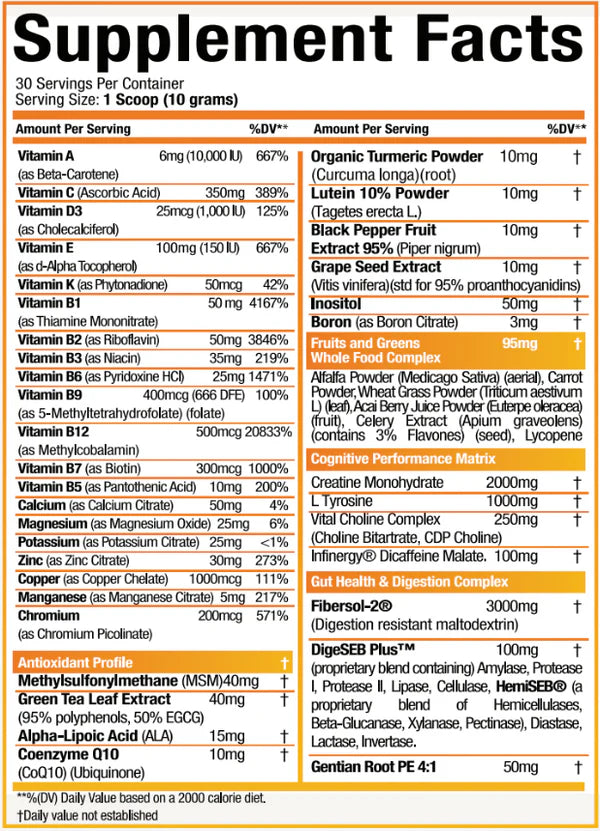 Supplement label with detailed nutritional information and ingredients.