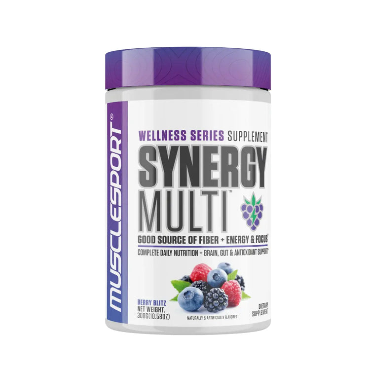 MuscleSport Synergy Multivitamin powder tub, Berry Blitz flavour, front of pack
