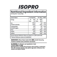 TBJP IsoPro 1kg nutritional information, ingredients and allergen panel