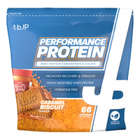 TBJP Performance Protein 2kg Caramel Biscuit flavour pouch on white background